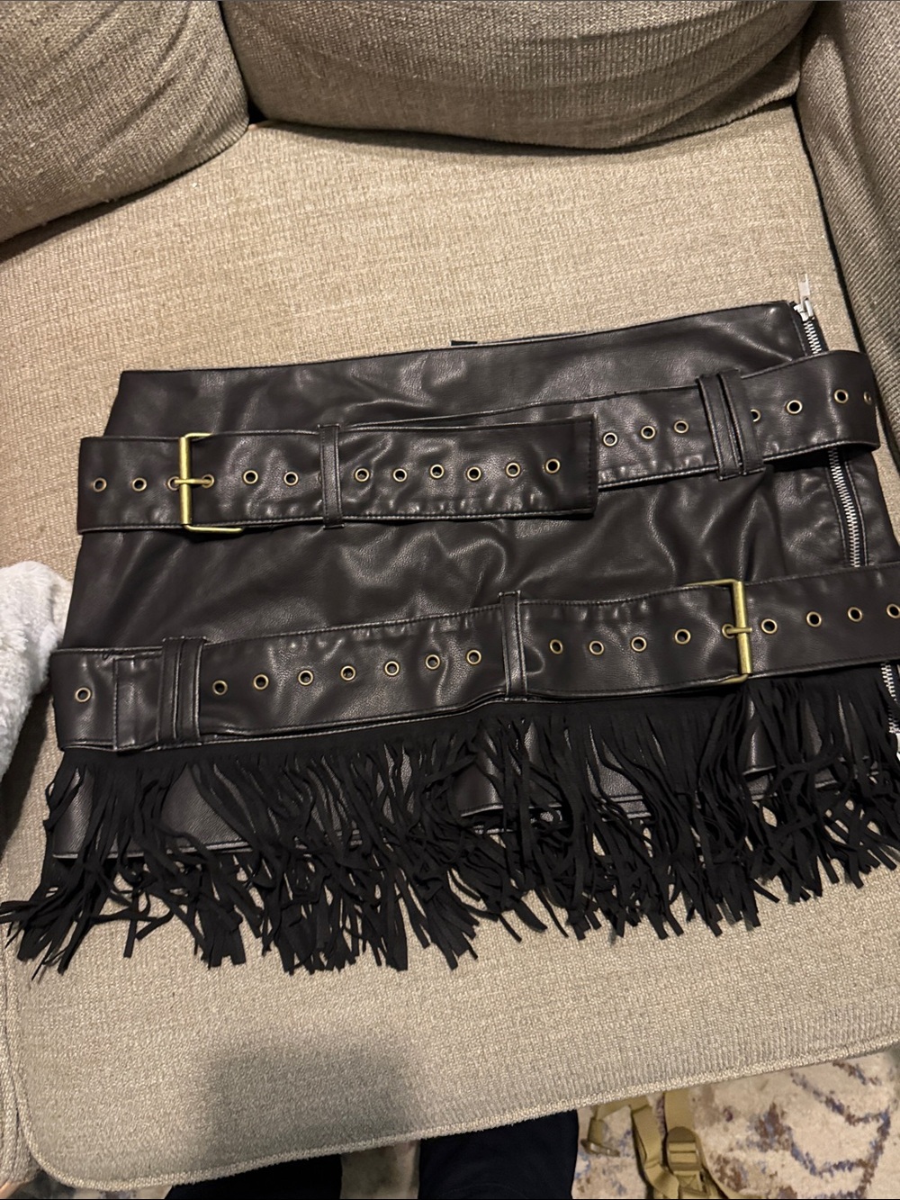 Windsor Black Faux Leather Fringe Belted Mini Skirt